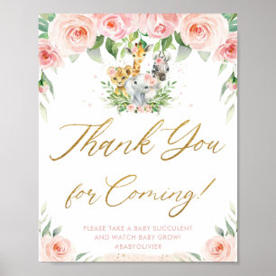 Jungle Animals Safari Pink Floral Thank You Sign