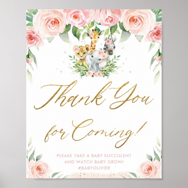 Jungle Animals Safari Pink Floral Thank You Sign (Front)