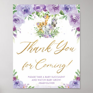 Jungle Animals Safari Purple Floral Thank You Sign
