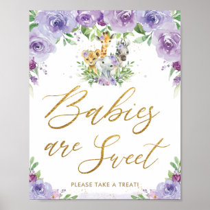 Jungle Animals Safari Purple Floral Treat Sign