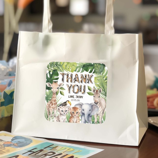 Jungle animals, Safari themed birthday favour than Square Sticker (Wild One Safari Animals, Boy birthday thank you stickers)