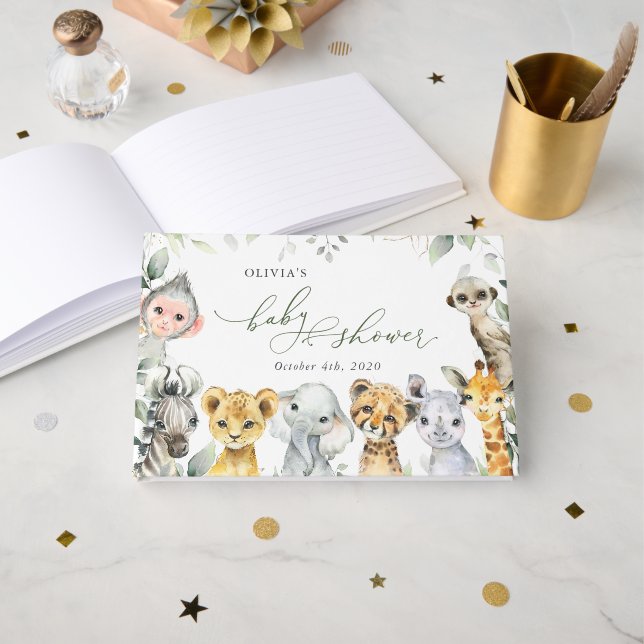 Jungle Animals, Safari, Wild One, Baby Shower Guest Book (Front Open)