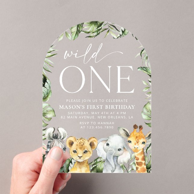 Jungle Animals, Safari, Wild One, First Birthday Acrylic Invitations (Insitu (Handheld))