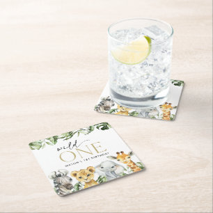 Jungle Animals, Safari, Wild One, First Birthday Square Paper Coaster