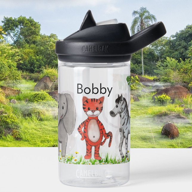 Jungle Animals Tiger Elephant Monkey Child's Name Water Bottle (Creator Uploaded)