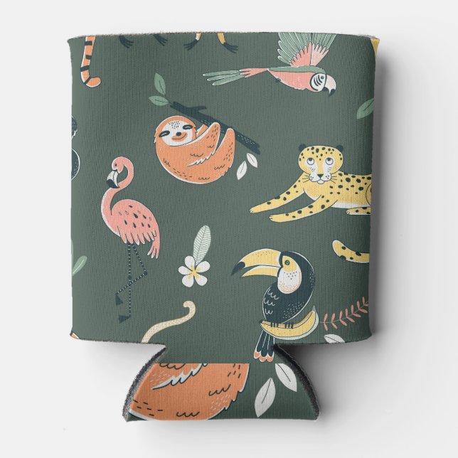 Jungle Animals Vintage Flora Fauna Can Cooler (Front)