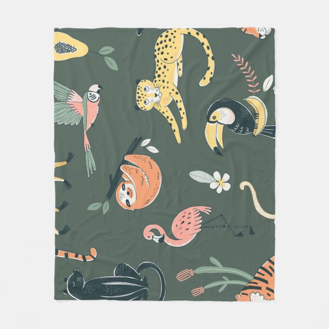 Jungle Animals Vintage Flora Fauna Fleece Blanket (Front)