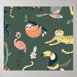 Jungle Animals Vintage Flora Fauna Poster