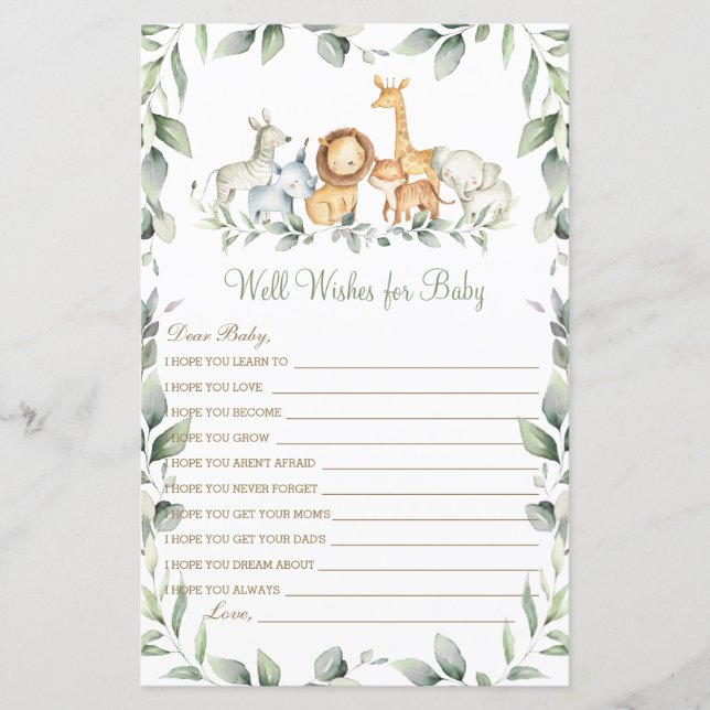Jungle Animals Well Wishes for Baby Shower Game (Front)