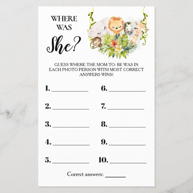 Jungle Animals Where was Mom Baby Shower Game Card (Front)