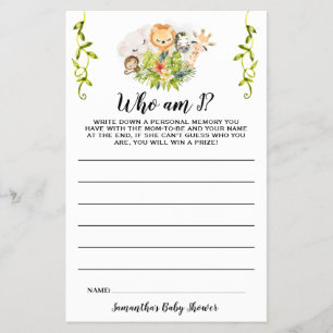 Jungle Animals Who am I Baby Shower Game Card