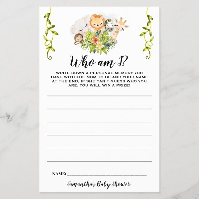Jungle Animals Who am I Baby Shower Game Card (Front)
