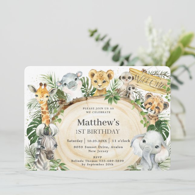 Jungle Animals Wood Greenery Wild One 1st Birthday Invitation (Standing Front)