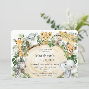 Jungle Animals Wood Greenery Wild One 1st Birthday Invitation