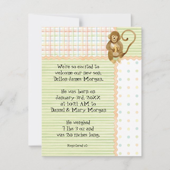 Jungle Babies, Boy Baby Birth Announcement 3 (Front)