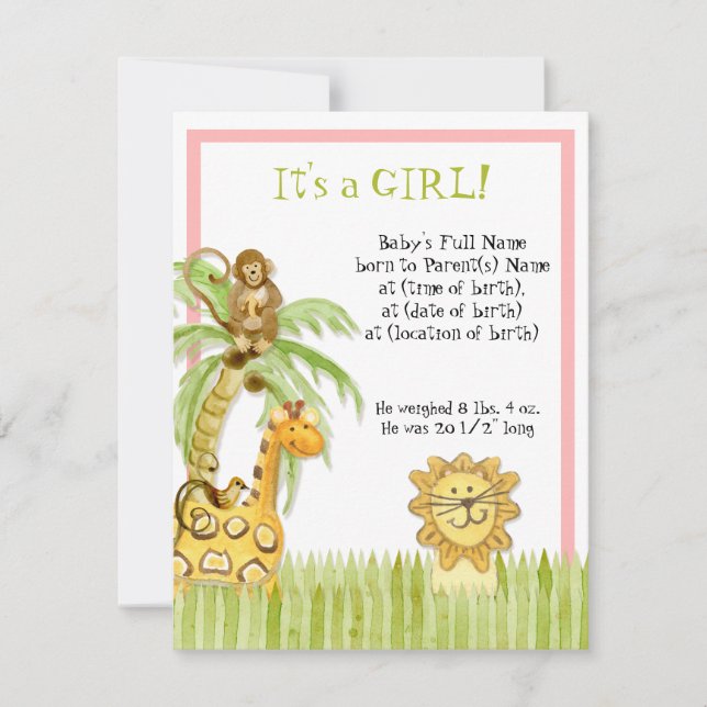 Jungle Babies, Girl Birth Announcement (Front)