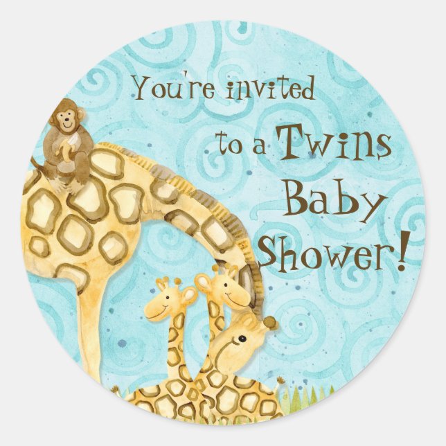Jungle Babies, Twins Baby Shower Stickers - Blue (Front)