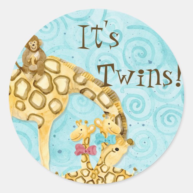 Jungle Babies, Twins Boy Girl Baby Stickers - Blue (Front)