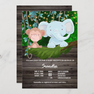 Jungle baby elephant monkey vine greenery lights invitation