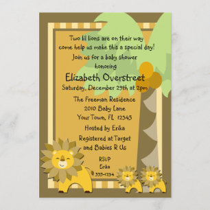 Jungle Baby Lion Twins Shower Party Zoo Safari Invitation
