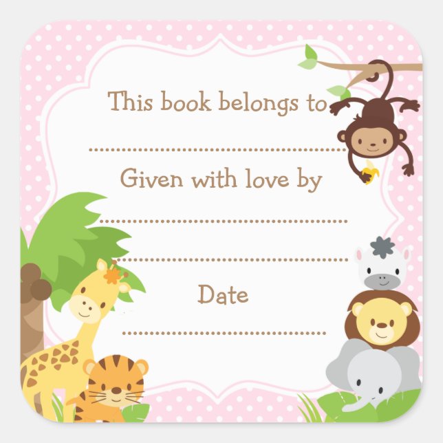 Jungle Baby Shower Bookplate sticker pink (Front)