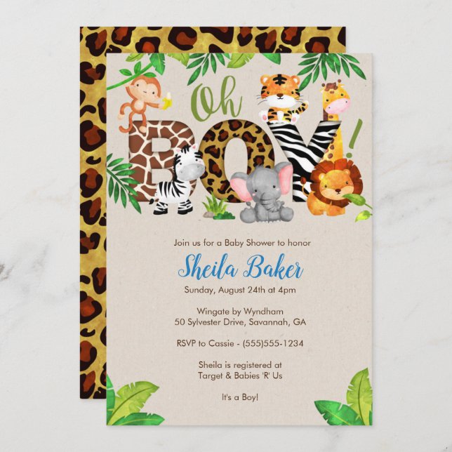 Jungle Baby Shower Invitation - Boy Baby Shower (Front/Back)