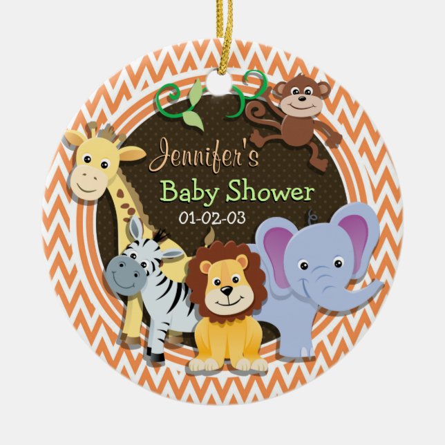 Jungle Baby Shower; Orange and White Chevron Ceramic Ornament (Front)