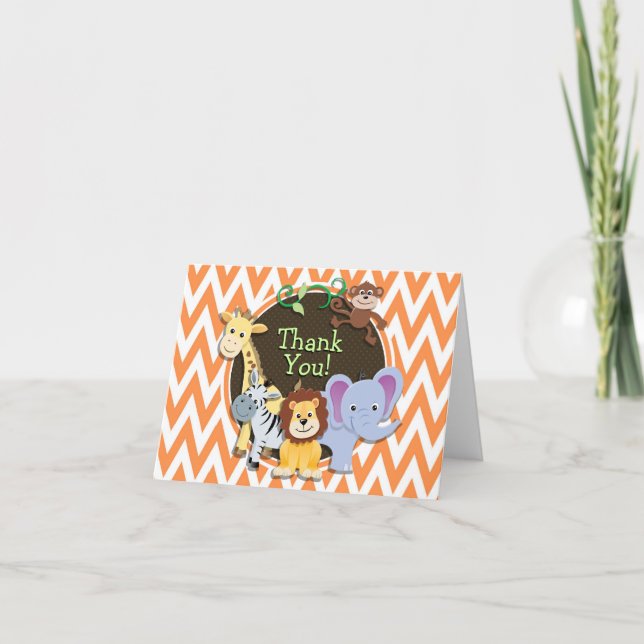 Jungle Baby Shower; Orange and White Chevron Thank You Card (Front)