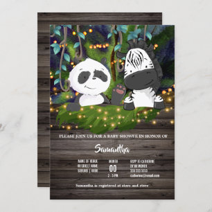 Jungle baby zebra panda bear vine greenery lights invitation