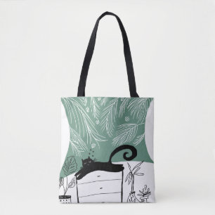 Jungle Black Cat Tropical Plants Illustration Tote Bag