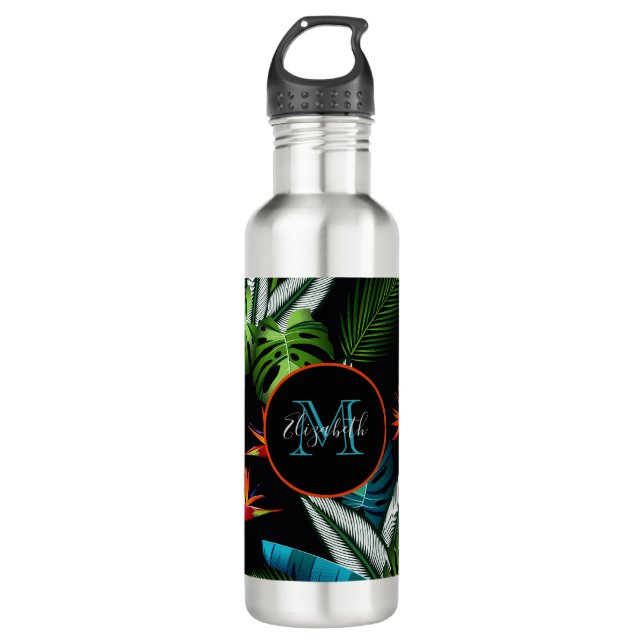 Jungle black green foliage monogram 710 ml water bottle (Front)