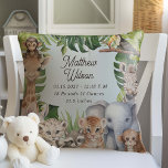 Jungle blue new baby animals birth stats Nursery Cushion<br><div class="desc">Welcome your baby boy to a world of adventure with the Safari Jungle Animals Baby Boy Nursery Pillow, a charming addition to his first sanctuary. This pillow features a delightful array of watercolor tropical and jungle animals, bringing a playful yet serene vibe to the nursery decor. Personalise it with your...</div>