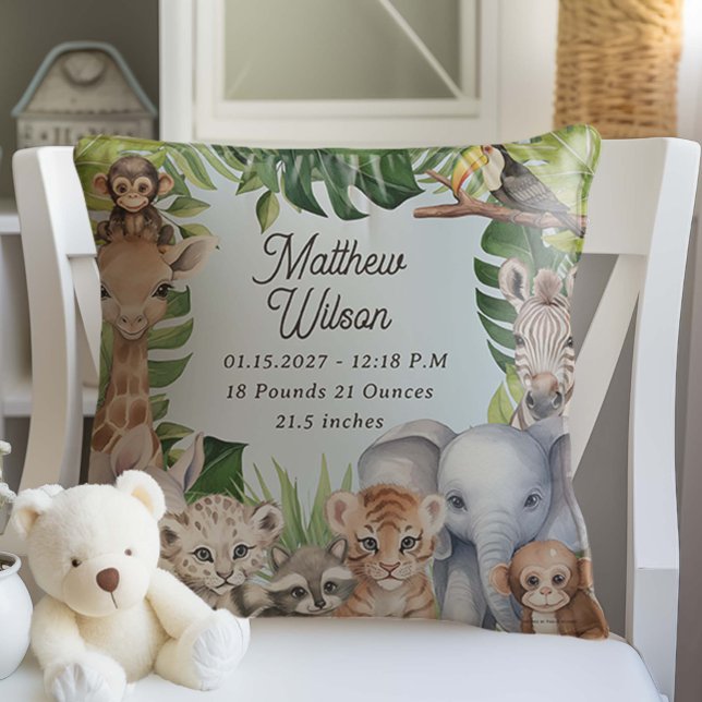 Jungle blue new baby animals birth stats Nursery Cushion (Blue Safari Animals Themed New Baby Gift Birth Stats Nursery Pillow Decor)