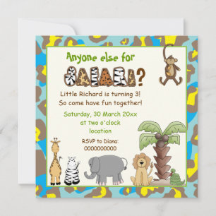 Jungle blue, yellow safari kids birthday party invitation
