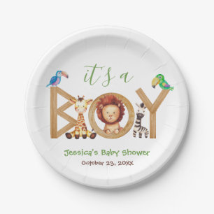 Jungle Boy Baby Shower Cute Safari Animals Wood Paper Plate