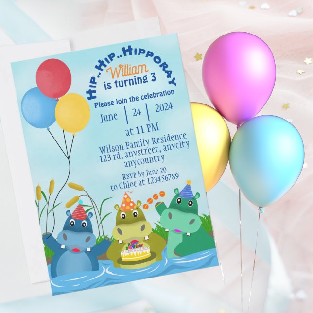 Jungle Cartoon Hippopotamus Birthday Invitation (Creator Uploaded)