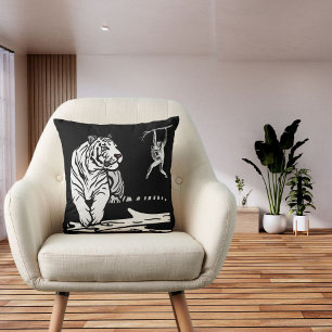 Jungle Cat Tiger Gazing Wild On Black White Modern Cushion