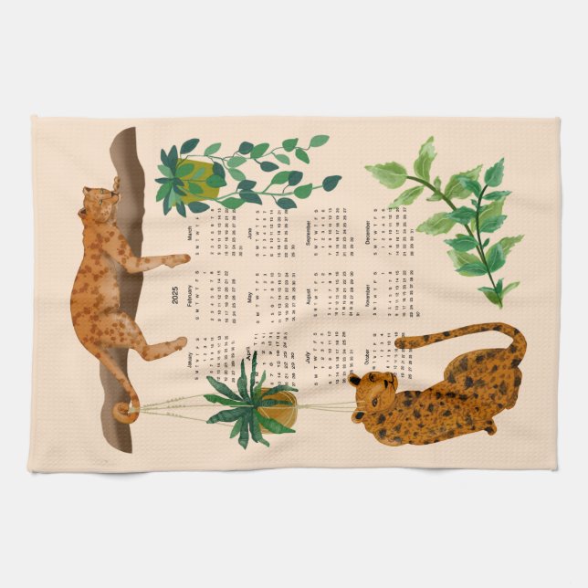 Jungle cats; Leopards and pot plants 2025 calendar Tea Towel (Horizontal)