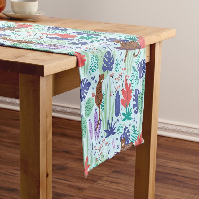 Jungle cats with flowers and leaves pattern short table runner (In Situ)