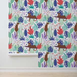 Jungle cats with flowers and leaves pattern wallpaper