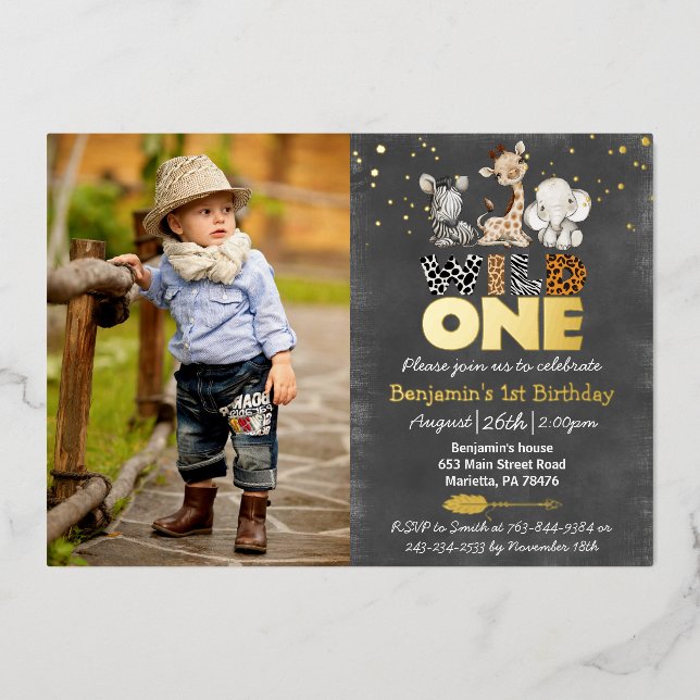 Jungle Chalkboard Wild One Photo Real Gold Foil In (Front)