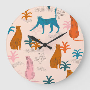 Jungle Cheetah: Funky Tropical Pattern. Large Clock