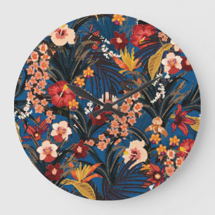 Jungle Chic: Dark Blue Exotic. Large Clock