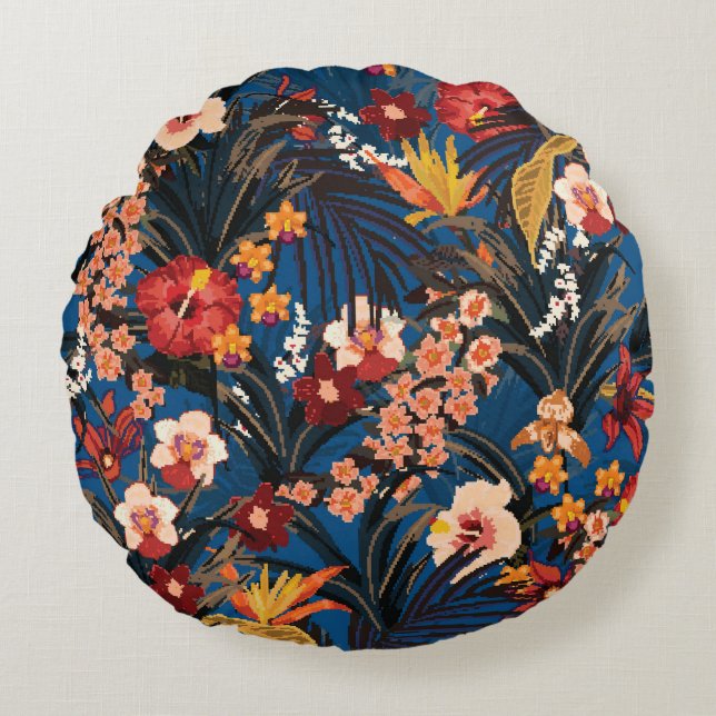 Jungle Chic: Dark Blue Exotic. Round Cushion (Front)