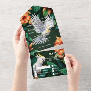 Jungle cockatoo parrot hibiscus monstera leaf all in one invitation