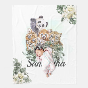 Jungle Cute Animals Monogram Tropical greenery  Fleece Blanket