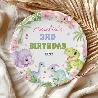 Jungle Dinosaur Girl Pink Floral Birthday Paper Plate