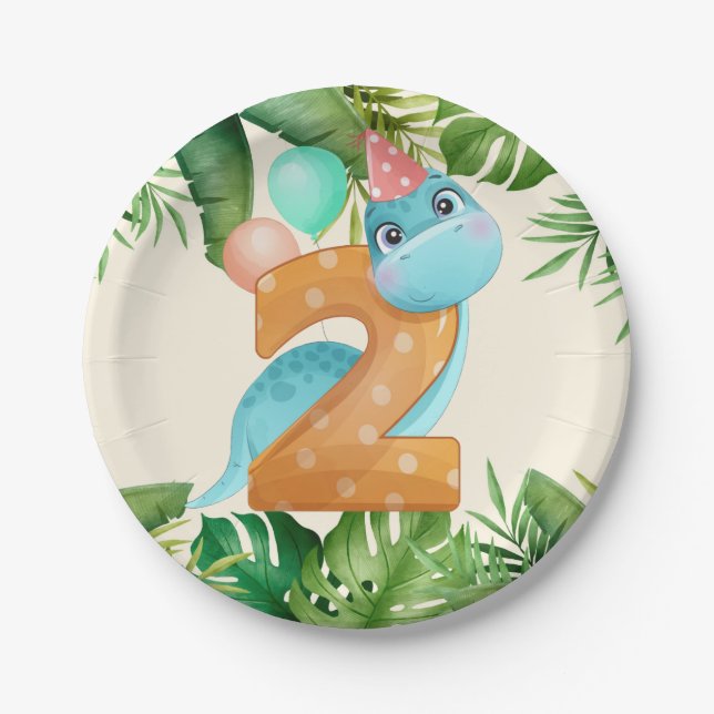Jungle Dinosaur Palm Leaves 2nd Birthday Party Paper Plate (Front)