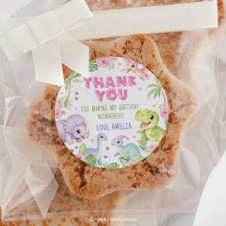Jungle Dinosaur Pink Floral Girl Birthday Classic Round Sticker