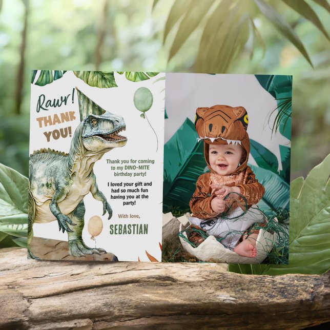 Jungle Dinosaur T Rex Birthday Party Photo Thank You Card (Creator Uploaded)
